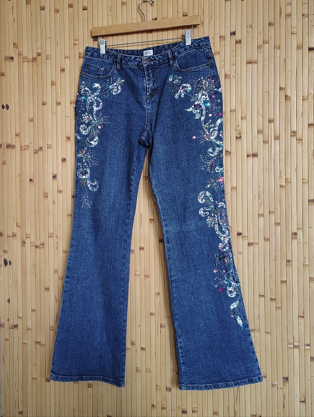 Rare Y2k Vintage Cache Beaded Bootcut Jeans Mid Rise Sz 10 Large 30" Embellished